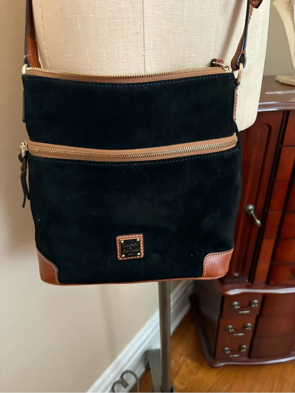 Dooney & Bourke Black Suede Messenger with Brown Leather Trim
